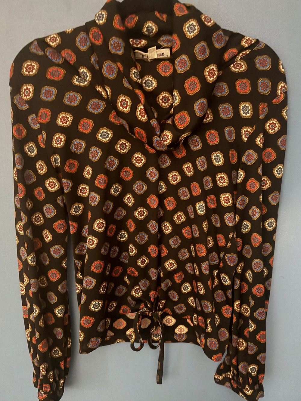 1960's Vintage Rare Womens Black Printed Long-Sleeve Blouse with Tie Waist